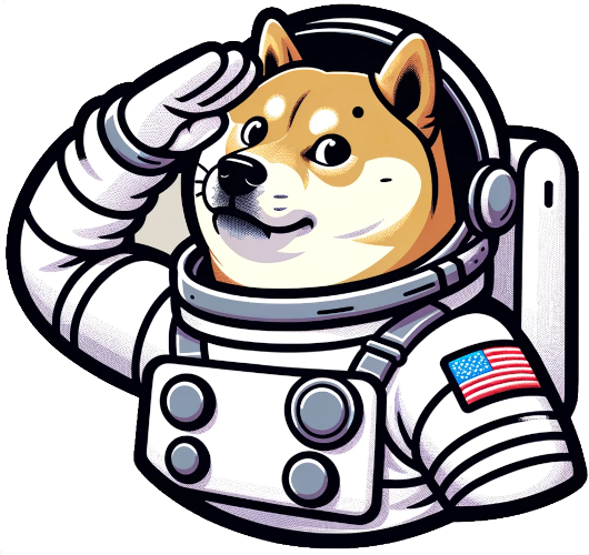 Shiba Inu in astronaut suit saluting with an American flag on the shoulder.