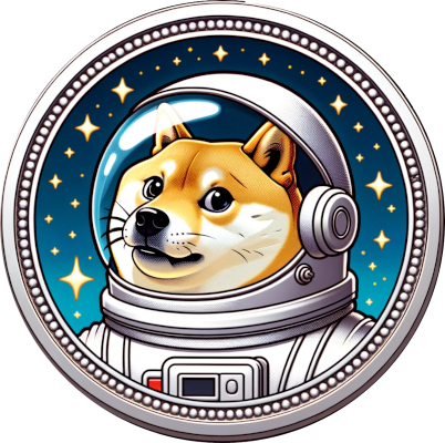 Shiba Inu in astronaut helmet against starry background, encircled by a decorative border.