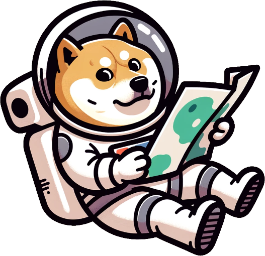 Shiba Inu in astronaut suit holding and looking at a map with a focused expression.