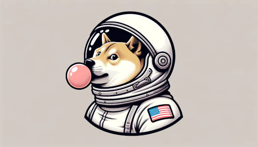 Shiba Inu in astronaut helmet blowing a bubble gum, with an American flag patch on the suit.