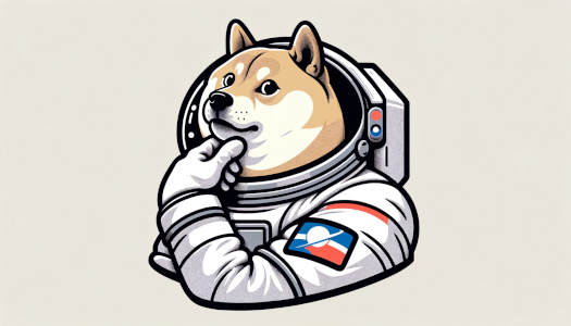 Shiba Inu in astronaut helmet with a thinking pose, featuring a triangular patch on the suit.