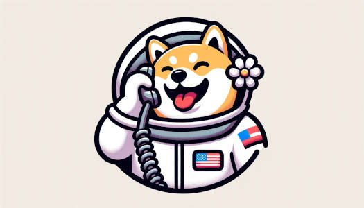 Joyful Shiba Inu in astronaut helmet using a phone, with USA flags on the suit.